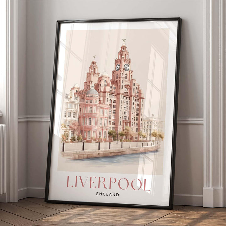 Liverpool Travel Art Print, The Royal Liver Building Pastel Watercolour Wall Art, Pink Waterfront Home Decor, Neutral Pier Head Picture