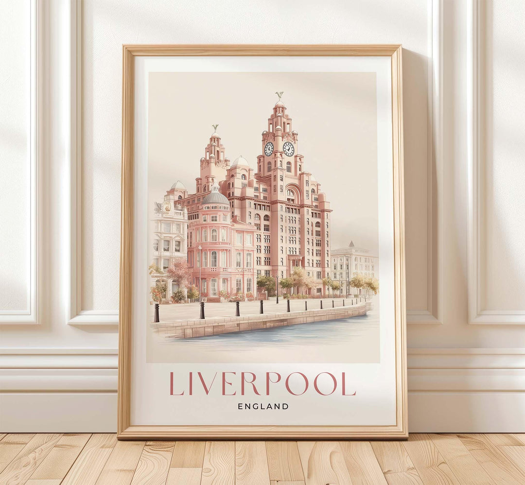 Liverpool Travel Art Print, The Royal Liver Building Pastel Watercolour Wall Art, Pink Waterfront Home Decor, Neutral Pier Head Picture