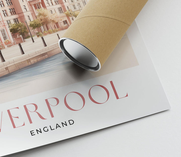 Liverpool Travel Art Print, The Royal Liver Building Pastel Watercolour Wall Art, Pink Waterfront Home Decor, Neutral Pier Head Picture