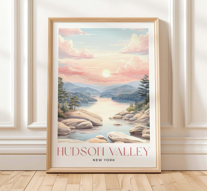 Hudson Valley Travel Art Print, New York Pastel River Watercolour Wall Art, Neutral Mountain River Home Decor, Tranquil Landscape Poster