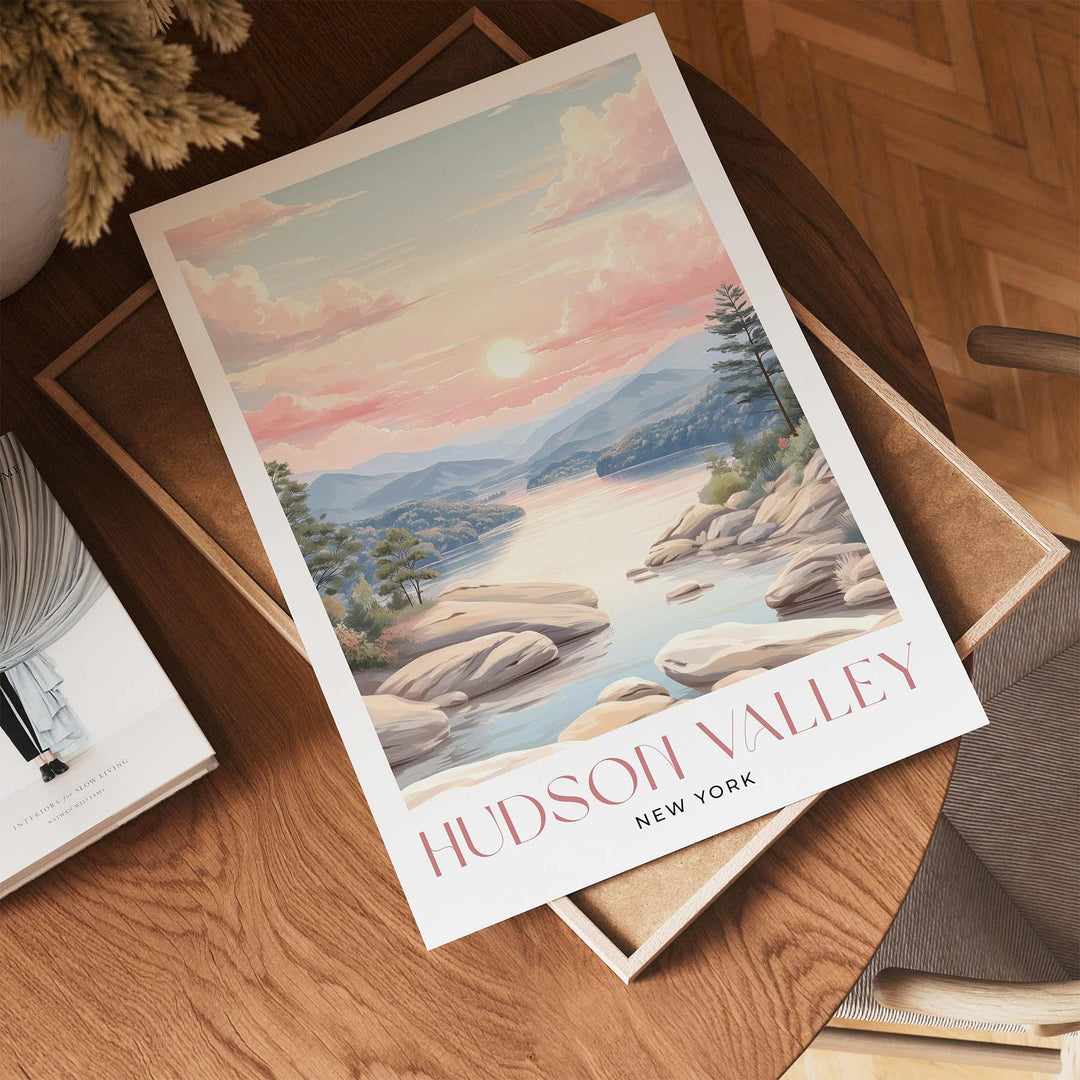 Hudson Valley Travel Art Print, New York Pastel River Watercolour Wall Art, Neutral Mountain River Home Decor, Tranquil Landscape Poster