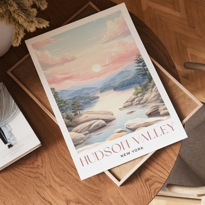 Hudson Valley Travel Art Print, New York Pastel River Watercolour Wall Art, Neutral Mountain River Home Decor, Tranquil Landscape Poster