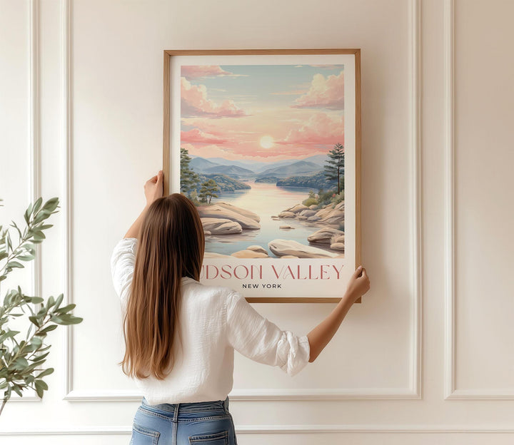 Hudson Valley Travel Art Print, New York Pastel River Watercolour Wall Art, Neutral Mountain River Home Decor, Tranquil Landscape Poster