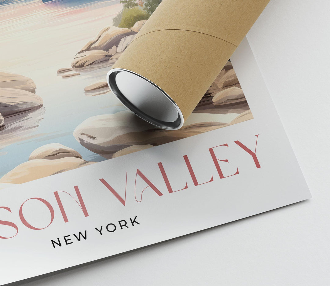 Hudson Valley Travel Art Print, New York Pastel River Watercolour Wall Art, Neutral Mountain River Home Decor, Tranquil Landscape Poster