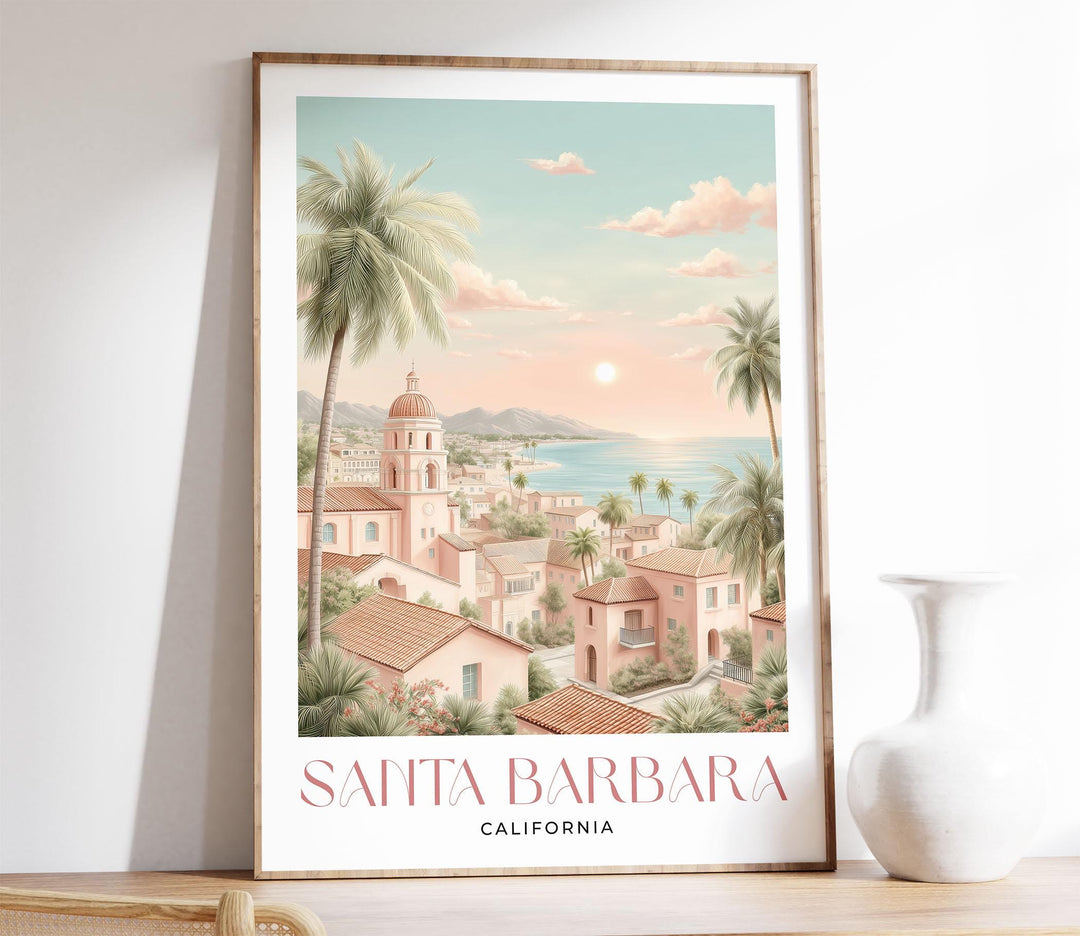Santa Barbara California Travel Art Print, Romantic Pastel Watercolour Wall Art, The American Riviera Home Decor, Neutral Coastal Poster