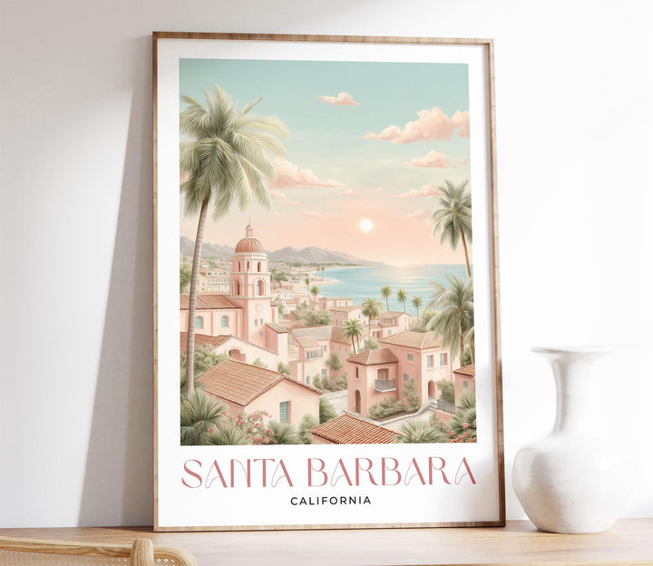 Santa Barbara California Travel Art Print, Romantic Pastel Watercolour Wall Art, The American Riviera Home Decor, Neutral Coastal Poster