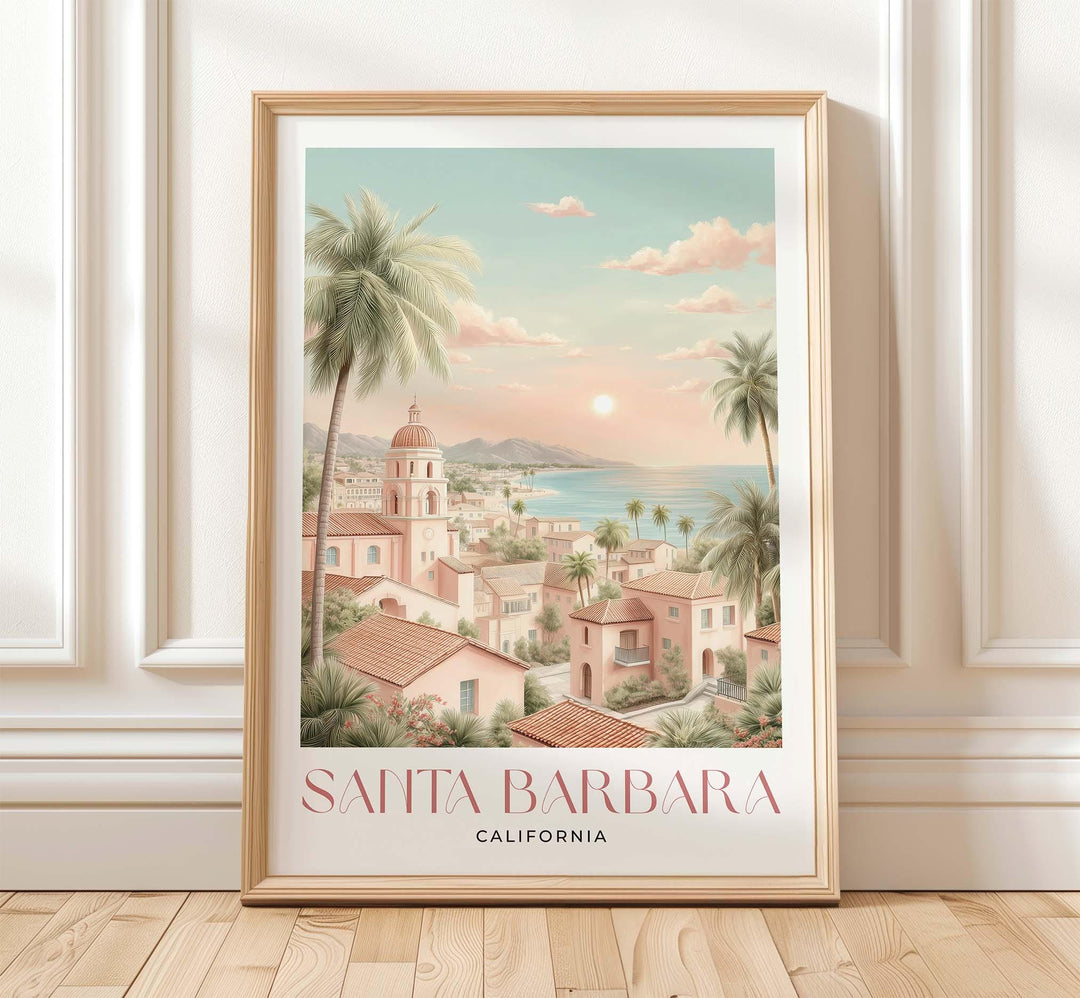 Santa Barbara California Travel Art Print, Romantic Pastel Watercolour Wall Art, The American Riviera Home Decor, Neutral Coastal Poster