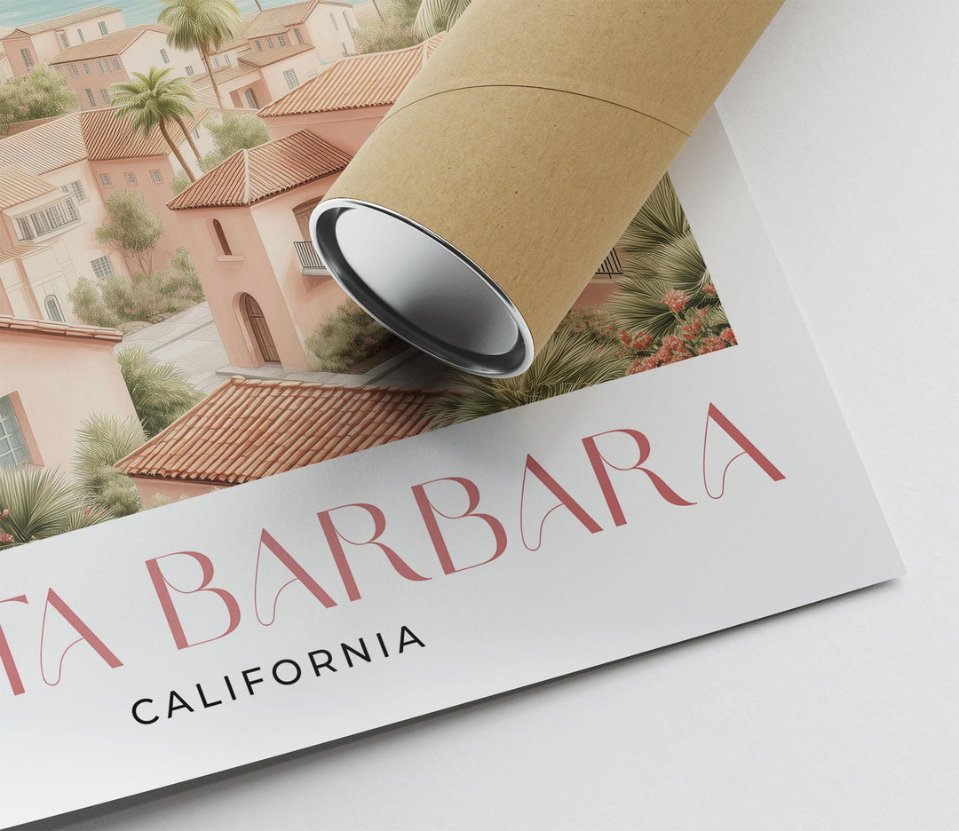 Santa Barbara California Travel Art Print, Romantic Pastel Watercolour Wall Art, The American Riviera Home Decor, Neutral Coastal Poster