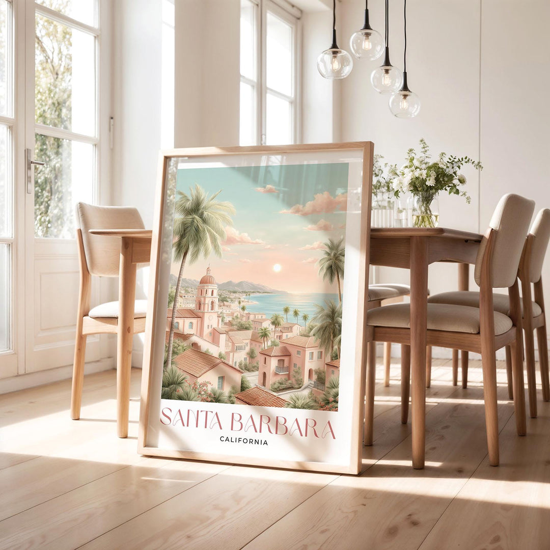 Santa Barbara California Travel Art Print, Romantic Pastel Watercolour Wall Art, The American Riviera Home Decor, Neutral Coastal Poster