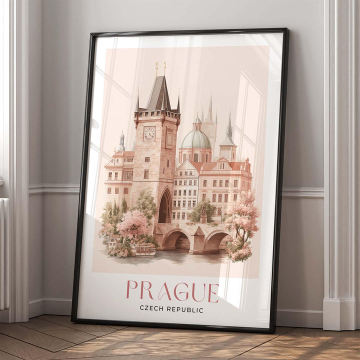 Prague Travel Art Print, Czech Republic Pastel Watercolour Wall Art, Charles Bridge Pink Cityscape Home Decor, Pink Capital Castle Poster