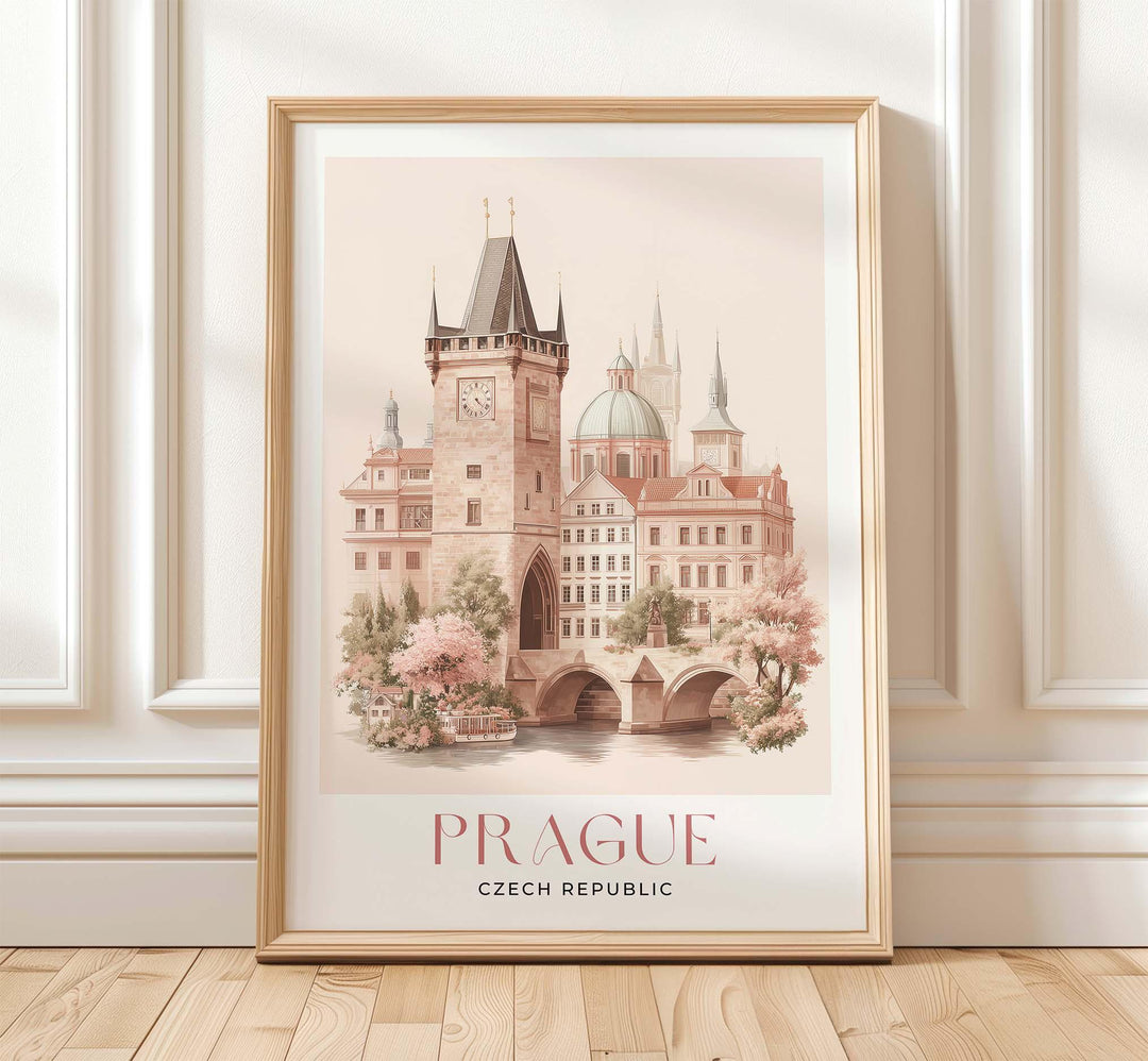 Prague Travel Art Print, Czech Republic Pastel Watercolour Wall Art, Charles Bridge Pink Cityscape Home Decor, Pink Capital Castle Poster