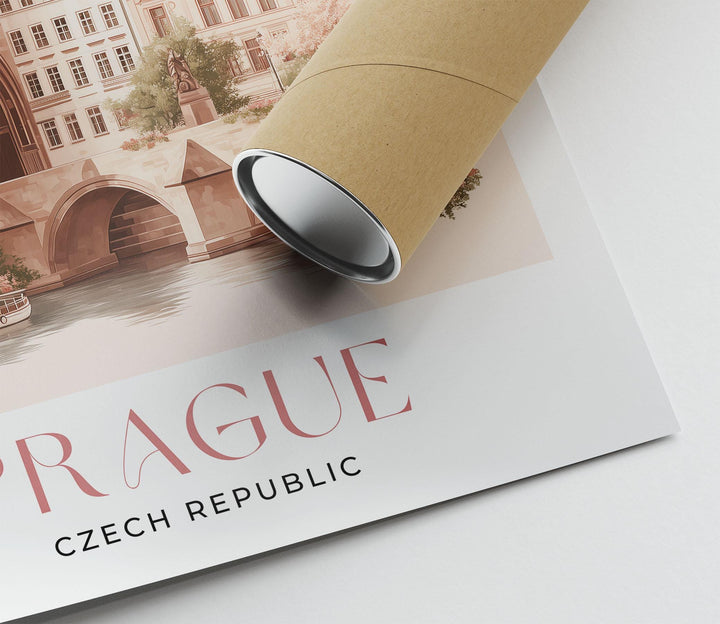 Prague Travel Art Print, Czech Republic Pastel Watercolour Wall Art, Charles Bridge Pink Cityscape Home Decor, Pink Capital Castle Poster