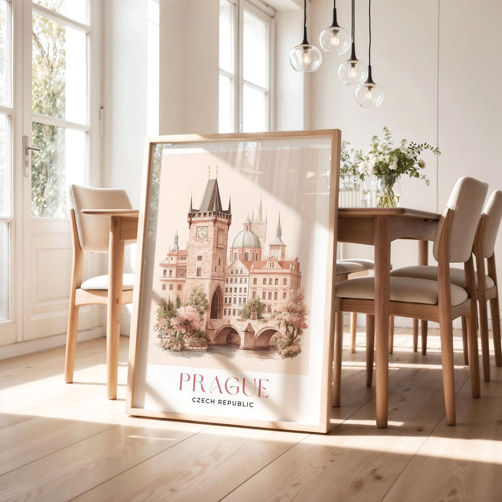 Prague Travel Art Print, Czech Republic Pastel Watercolour Wall Art, Charles Bridge Pink Cityscape Home Decor, Pink Capital Castle Poster