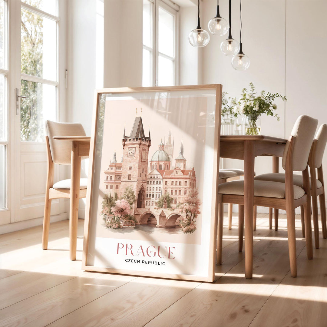 Prague Travel Art Print, Czech Republic Pastel Watercolour Wall Art, Charles Bridge Pink Cityscape Home Decor, Pink Capital Castle Poster