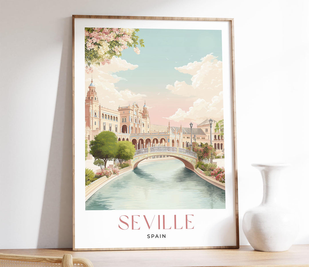 Seville Travel Art Print, Spain Plaza de Espana Pastel Watercolour Wall Art, Andalusia Neutral Canal Home Decor, Maria Luisa Park Poster