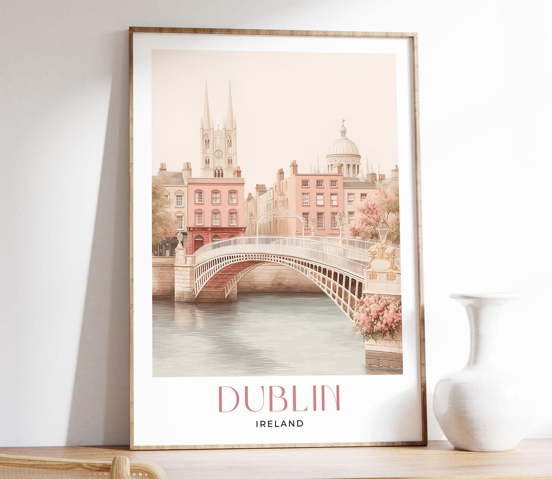 Dublin Travel Art Print, Ireland Pastel Pink Watercolour Wall Art, Ha'penny Bridge River Liffey Poster, Irish Cityscape Neutral Home Decor
