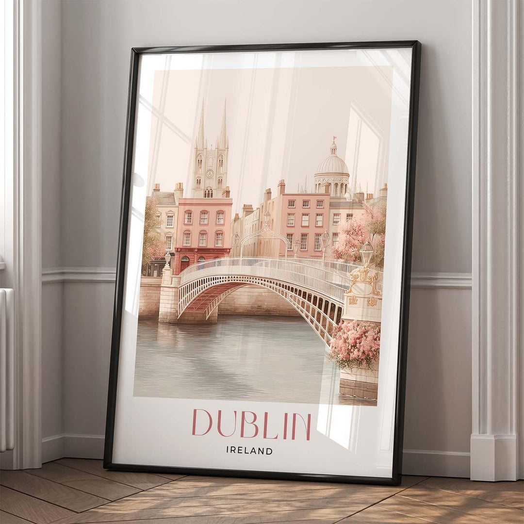 Dublin Travel Art Print, Ireland Pastel Pink Watercolour Wall Art, Ha'penny Bridge River Liffey Poster, Irish Cityscape Neutral Home Decor