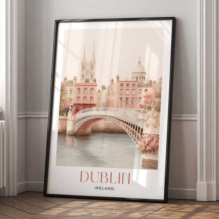 Dublin Travel Art Print, Ireland Pastel Pink Watercolour Wall Art, Ha'penny Bridge River Liffey Poster, Irish Cityscape Neutral Home Decor