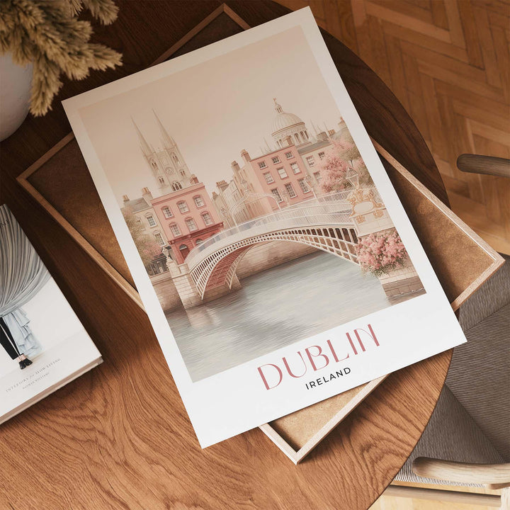 Dublin Travel Art Print, Ireland Pastel Pink Watercolour Wall Art, Ha'penny Bridge River Liffey Poster, Irish Cityscape Neutral Home Decor