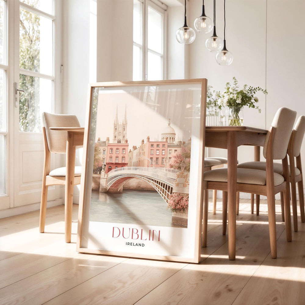 Dublin Travel Art Print, Ireland Pastel Pink Watercolour Wall Art, Ha'penny Bridge River Liffey Poster, Irish Cityscape Neutral Home Decor