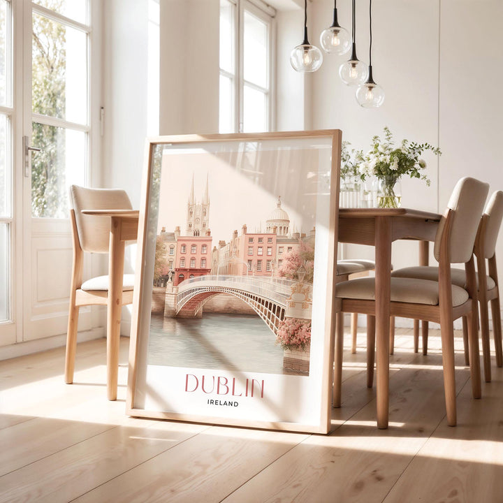 Dublin Travel Art Print, Ireland Pastel Pink Watercolour Wall Art, Ha'penny Bridge River Liffey Poster, Irish Cityscape Neutral Home Decor