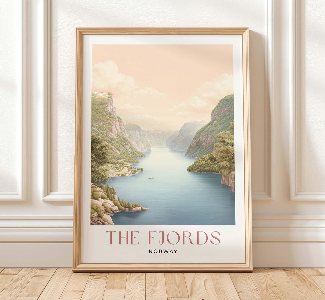 The Fjords Travel Art Print, Norway Pastel Landscape Watercolour Wall Art, Neutral Nordic Home Decor, Soft Norwegian Ancient Glacier Poster