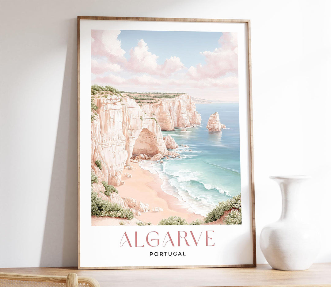 Algarve Travel Art Print, Portugal Coastal Watercolour Wall Art, Neutral Mediterranean Beach Home Decor, Pastel Pink Seaside Cliffs Poster