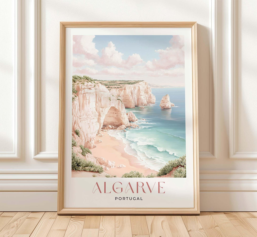 Algarve Travel Art Print, Portugal Coastal Watercolour Wall Art, Neutral Mediterranean Beach Home Decor, Pastel Pink Seaside Cliffs Poster