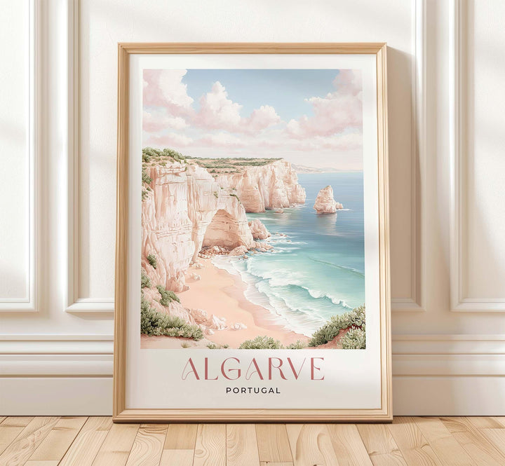 Algarve Travel Art Print, Portugal Coastal Watercolour Wall Art, Neutral Mediterranean Beach Home Decor, Pastel Pink Seaside Cliffs Poster