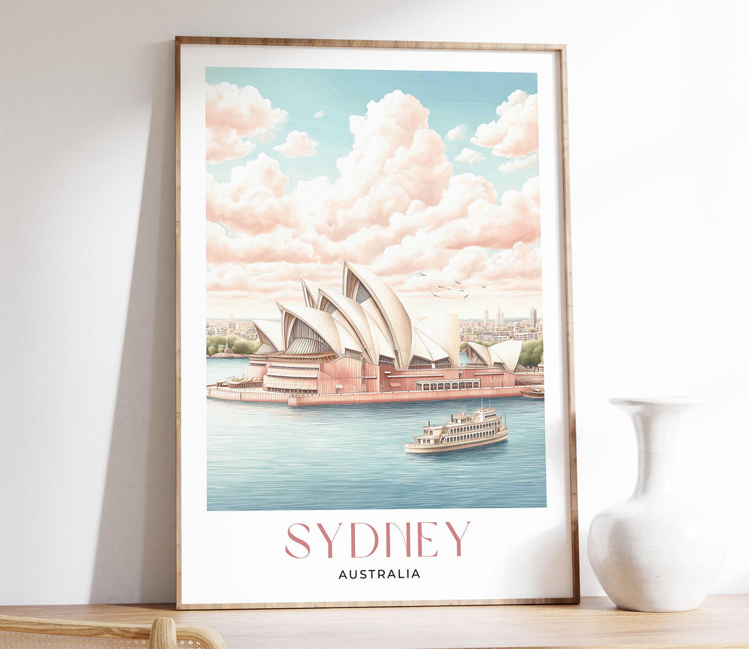 Sydney Travel Art Print, Australia Sydney Opera House Watercolour Wall Art, Pink Pastel Dreamy Harbour Poster, Romantic Cityscape Home Decor