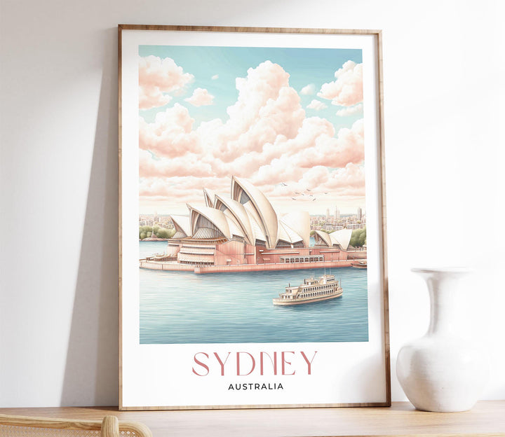 Sydney Travel Art Print, Australia Sydney Opera House Watercolour Wall Art, Pink Pastel Dreamy Harbour Poster, Romantic Cityscape Home Decor