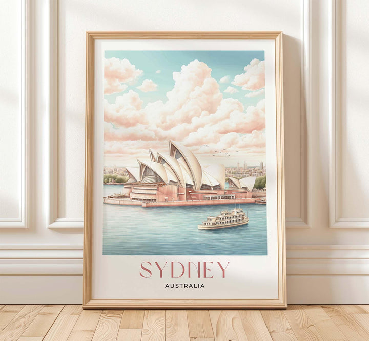 Sydney Travel Art Print, Australia Sydney Opera House Watercolour Wall Art, Pink Pastel Dreamy Harbour Poster, Romantic Cityscape Home Decor