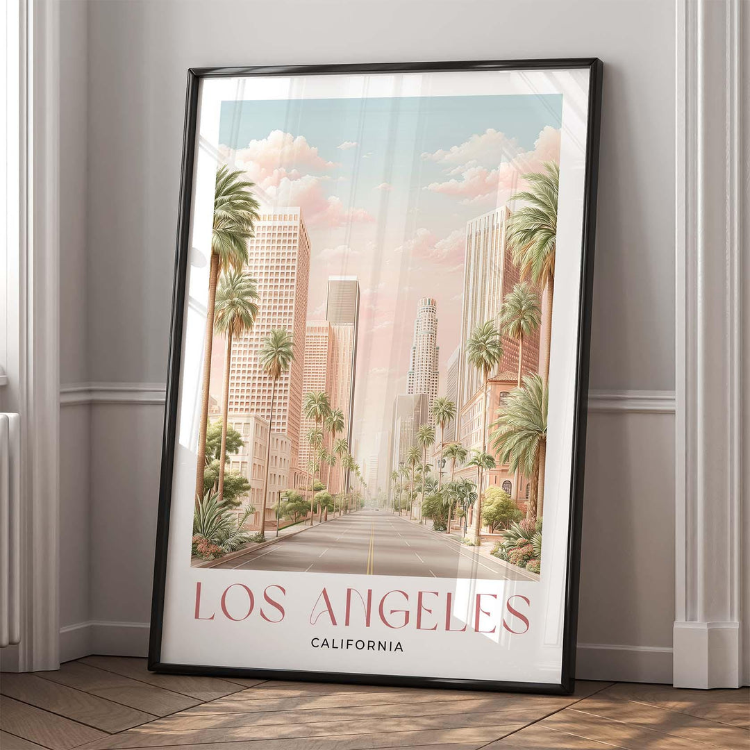 Los Angeles Travel Art Print, California City of Angels Pink Watercolour Wall Art, Neutral Boulevard Cityscape Poster, Hollywood Home Decor