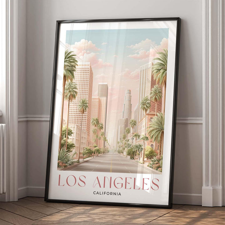 Los Angeles Travel Art Print, California City of Angels Pink Watercolour Wall Art, Neutral Boulevard Cityscape Poster, Hollywood Home Decor