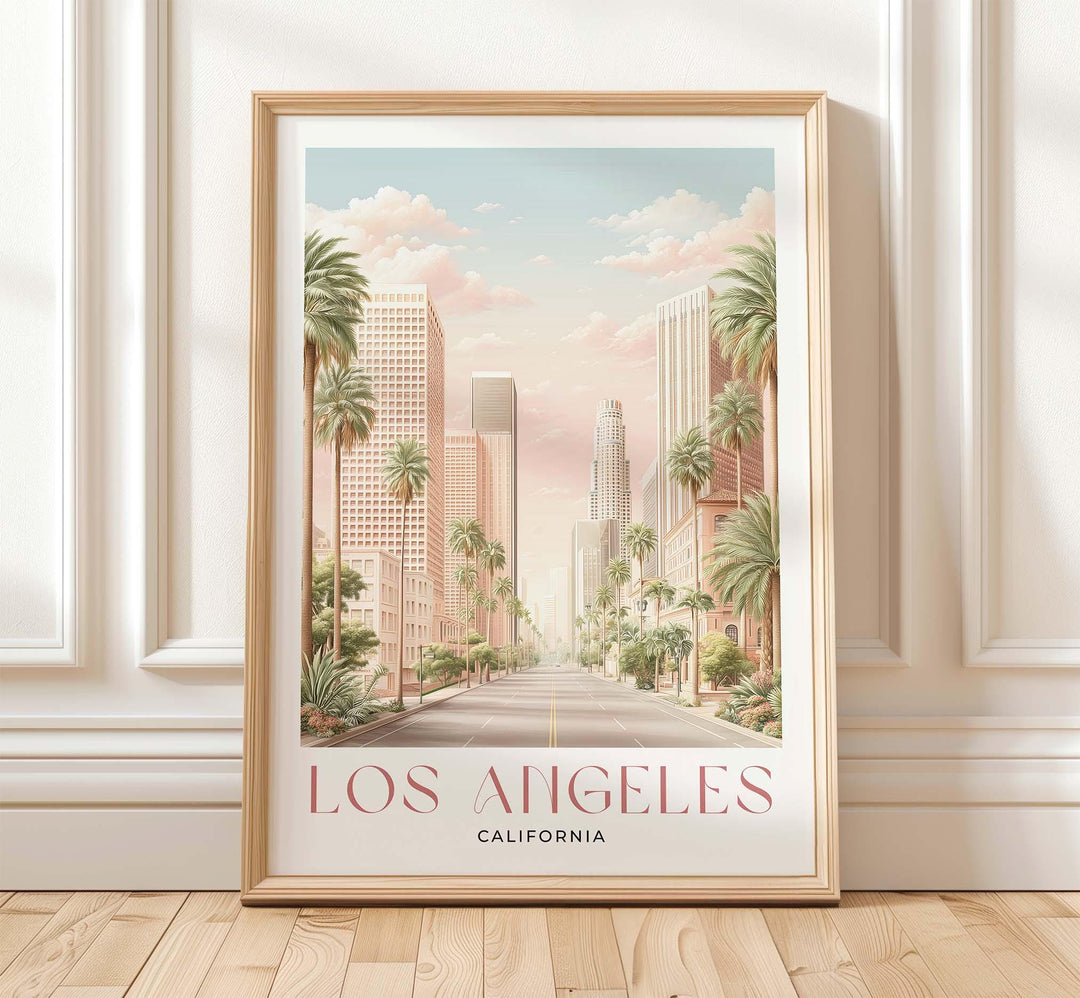 Los Angeles Travel Art Print, California City of Angels Pink Watercolour Wall Art, Neutral Boulevard Cityscape Poster, Hollywood Home Decor