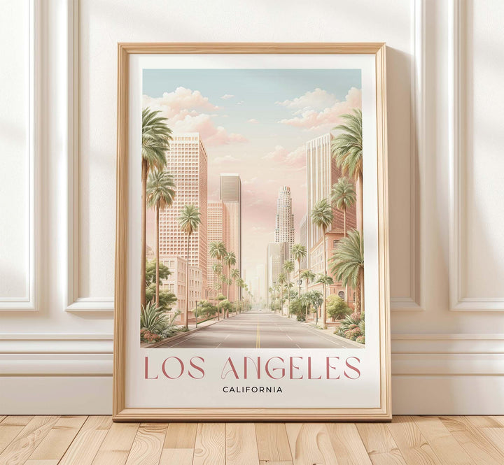 Los Angeles Travel Art Print, California City of Angels Pink Watercolour Wall Art, Neutral Boulevard Cityscape Poster, Hollywood Home Decor