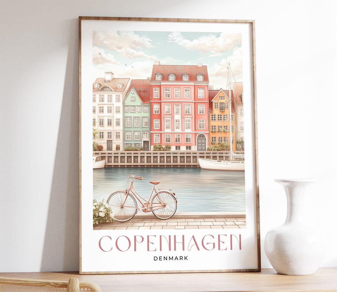 Copenhagen Travel Art Print, Denmark Waterfront Watercolour Wall Art, Pastel Hygge Coastal Islands Home Decor, European Capital Canal Poster