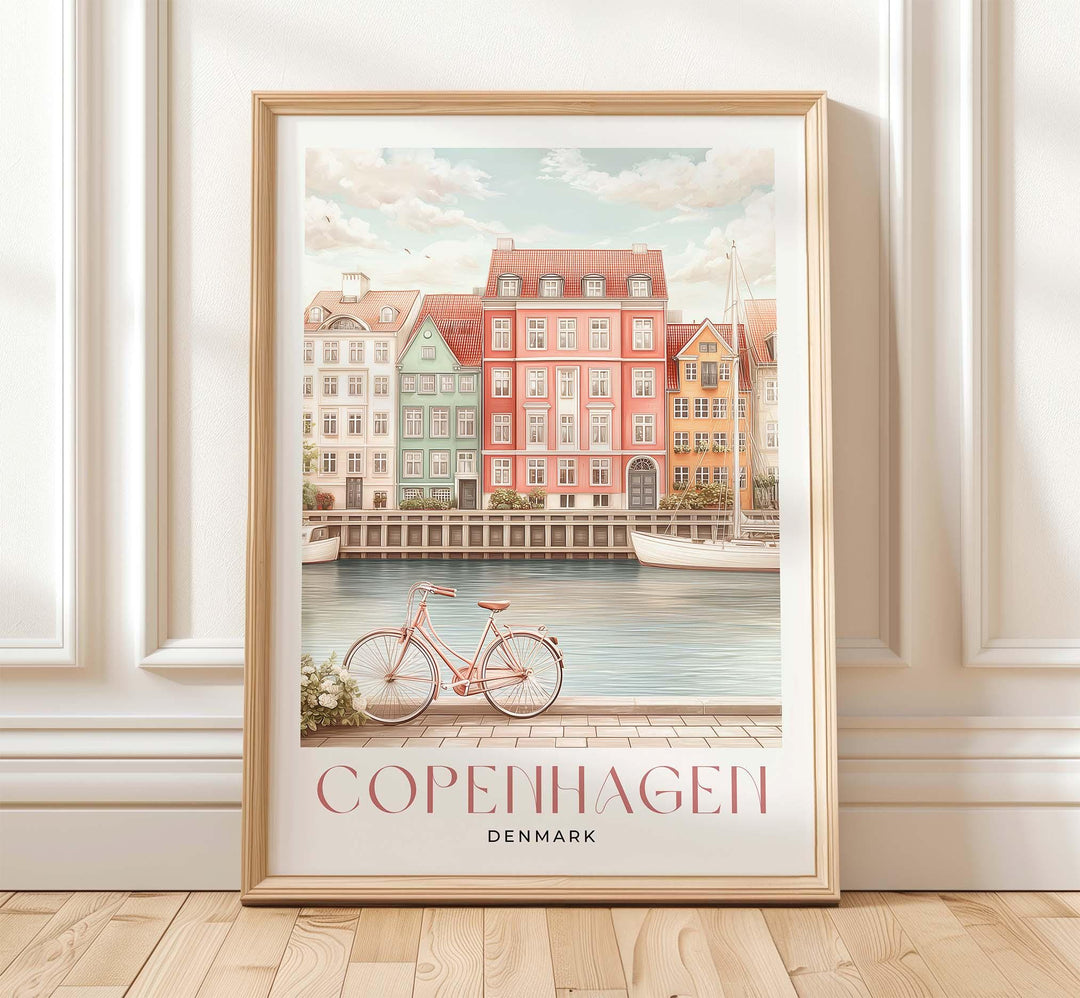 Copenhagen Travel Art Print, Denmark Waterfront Watercolour Wall Art, Pastel Hygge Coastal Islands Home Decor, European Capital Canal Poster