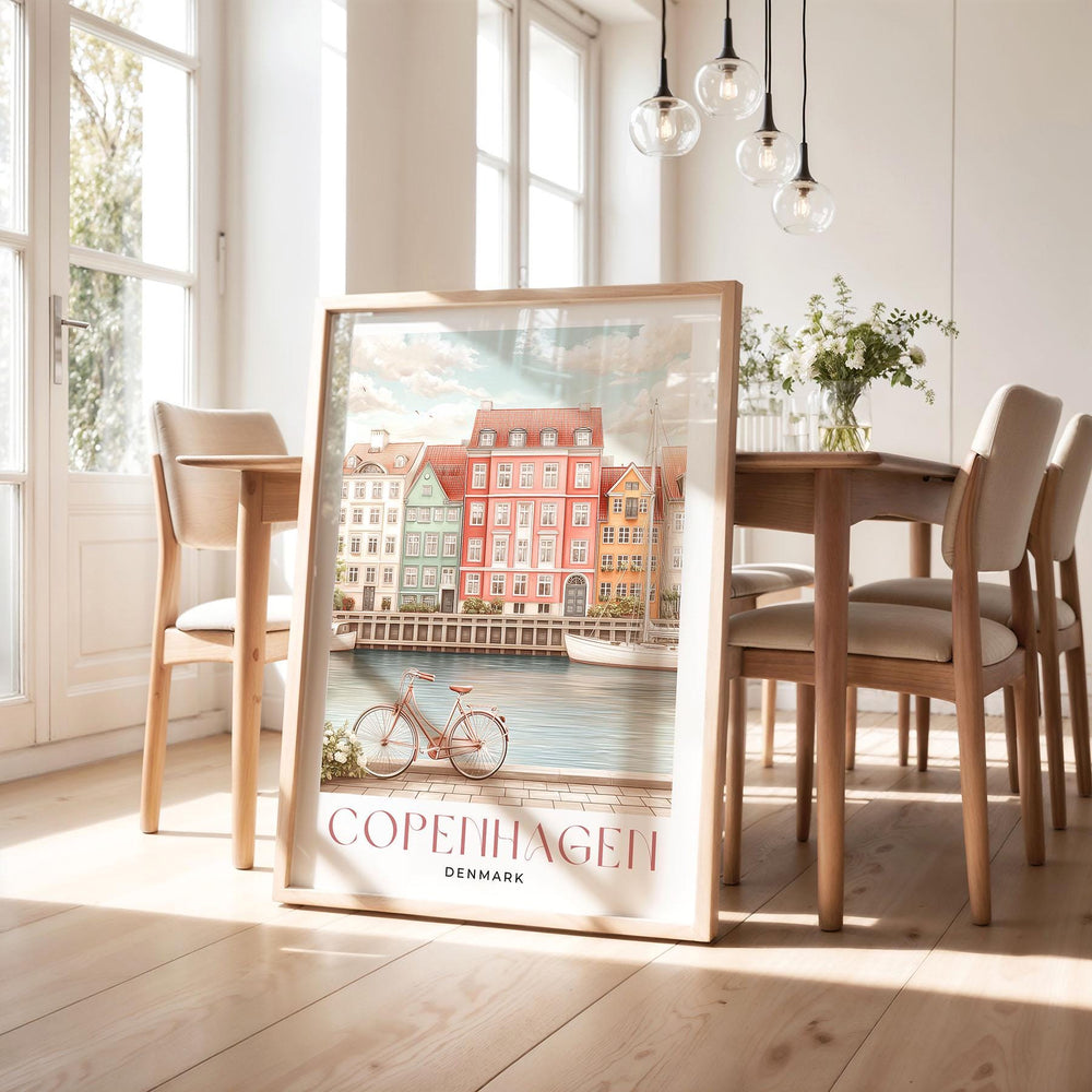 Copenhagen Travel Art Print, Denmark Waterfront Watercolour Wall Art, Pastel Hygge Coastal Islands Home Decor, European Capital Canal Poster
