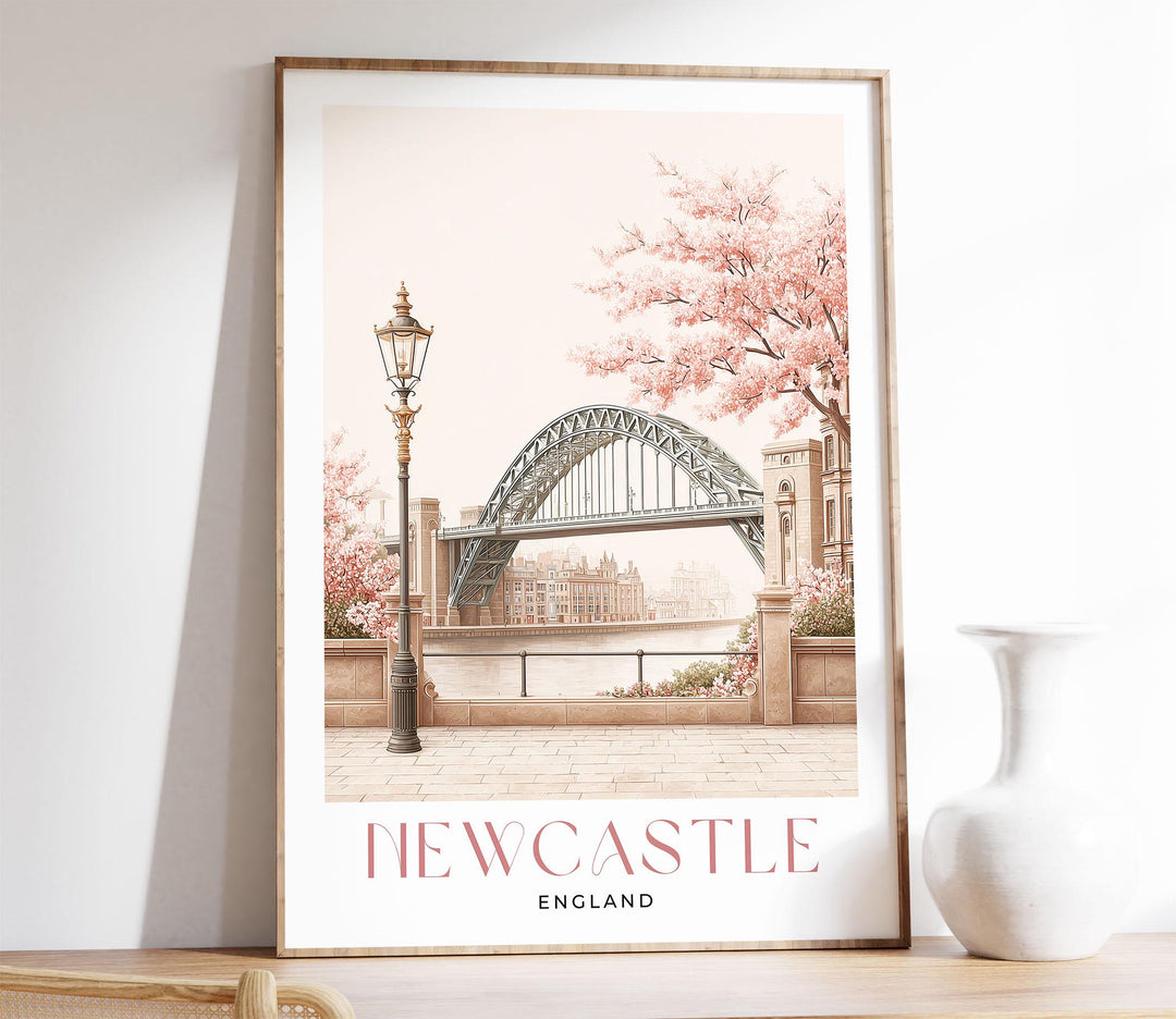 Newcastle Travel Art Print, Tyne Bridge Pastel Watercolour Wall Art, Geordie Art Lovers Gift, Newcastle City Pink Beige Home Decor