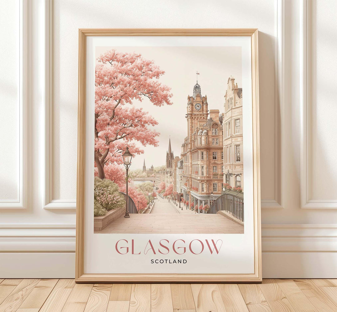 Glasgow Travel Art Print, Scotland Pastel Watercolour Wall Art, River Clyde Neutral Home Decor, European Pink Cityscape Cultural Poster