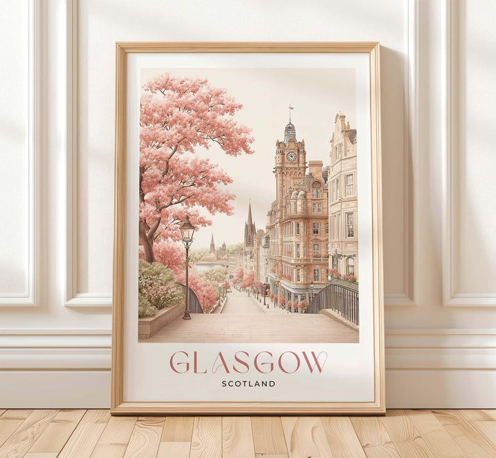Glasgow Travel Art Print, Scotland Pastel Watercolour Wall Art, River Clyde Neutral Home Decor, European Pink Cityscape Cultural Poster