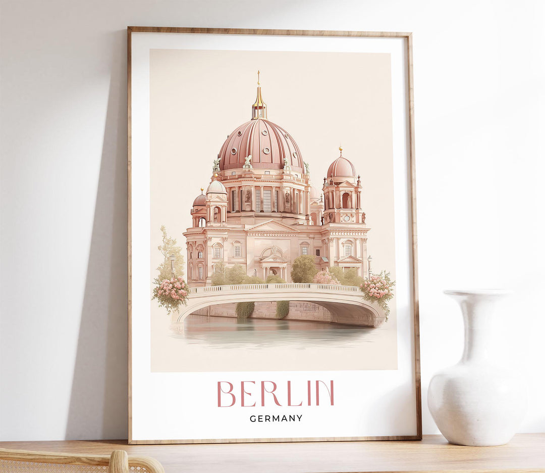 Berlin Travel Art Print, Germany Berlin Cathedral Watercolour Wall Art, Neutral River Spree Poster, Pink Beige Museum Island Home Decor