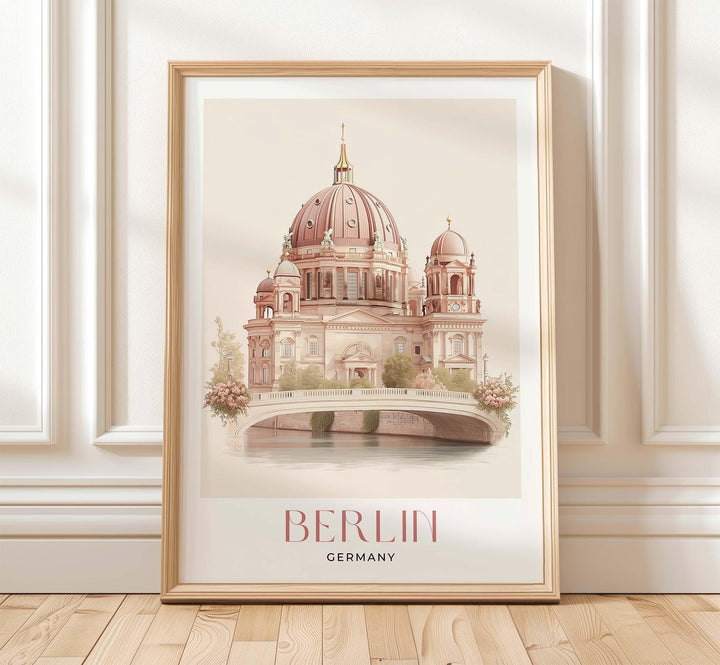 Berlin Travel Art Print, Germany Berlin Cathedral Watercolour Wall Art, Neutral River Spree Poster, Pink Beige Museum Island Home Decor
