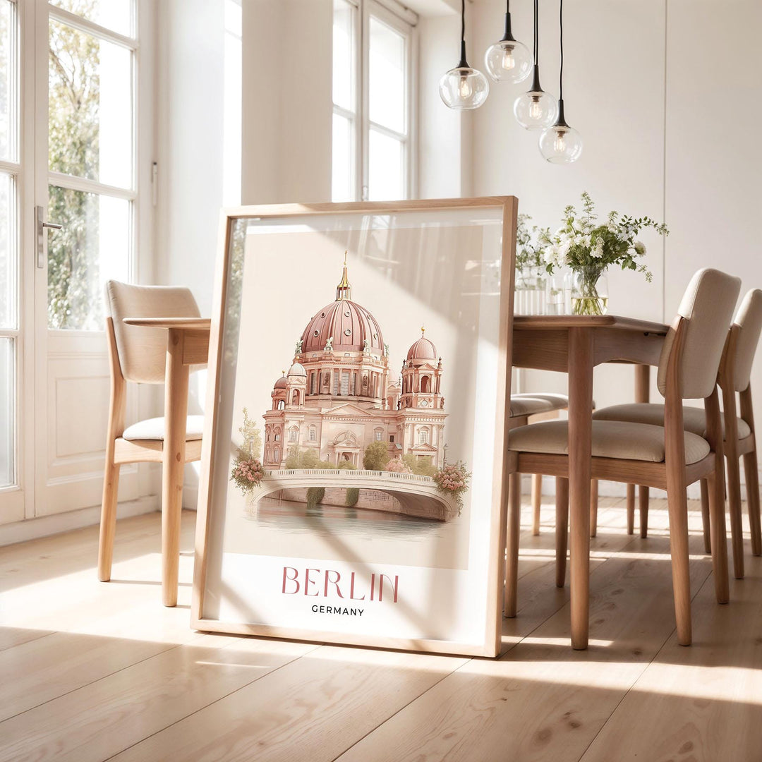 Berlin Travel Art Print, Germany Berlin Cathedral Watercolour Wall Art, Neutral River Spree Poster, Pink Beige Museum Island Home Decor