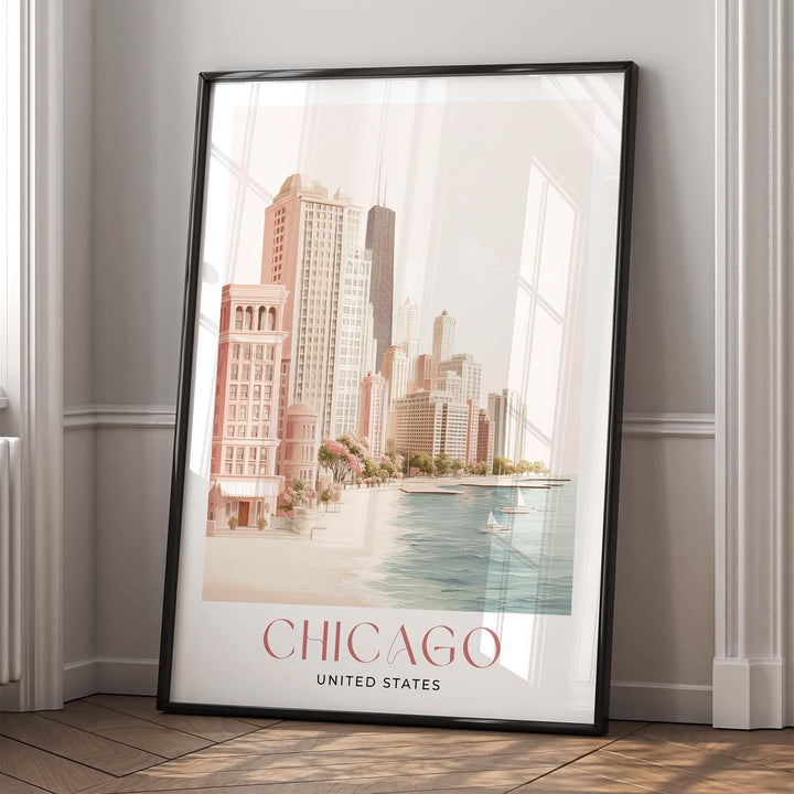 Chicago Travel Art Print, Illinois, United States Watercolour Wall Art, Neutral Lake Michigan Poster, Pink Lakefront Skyscraper Home Decor