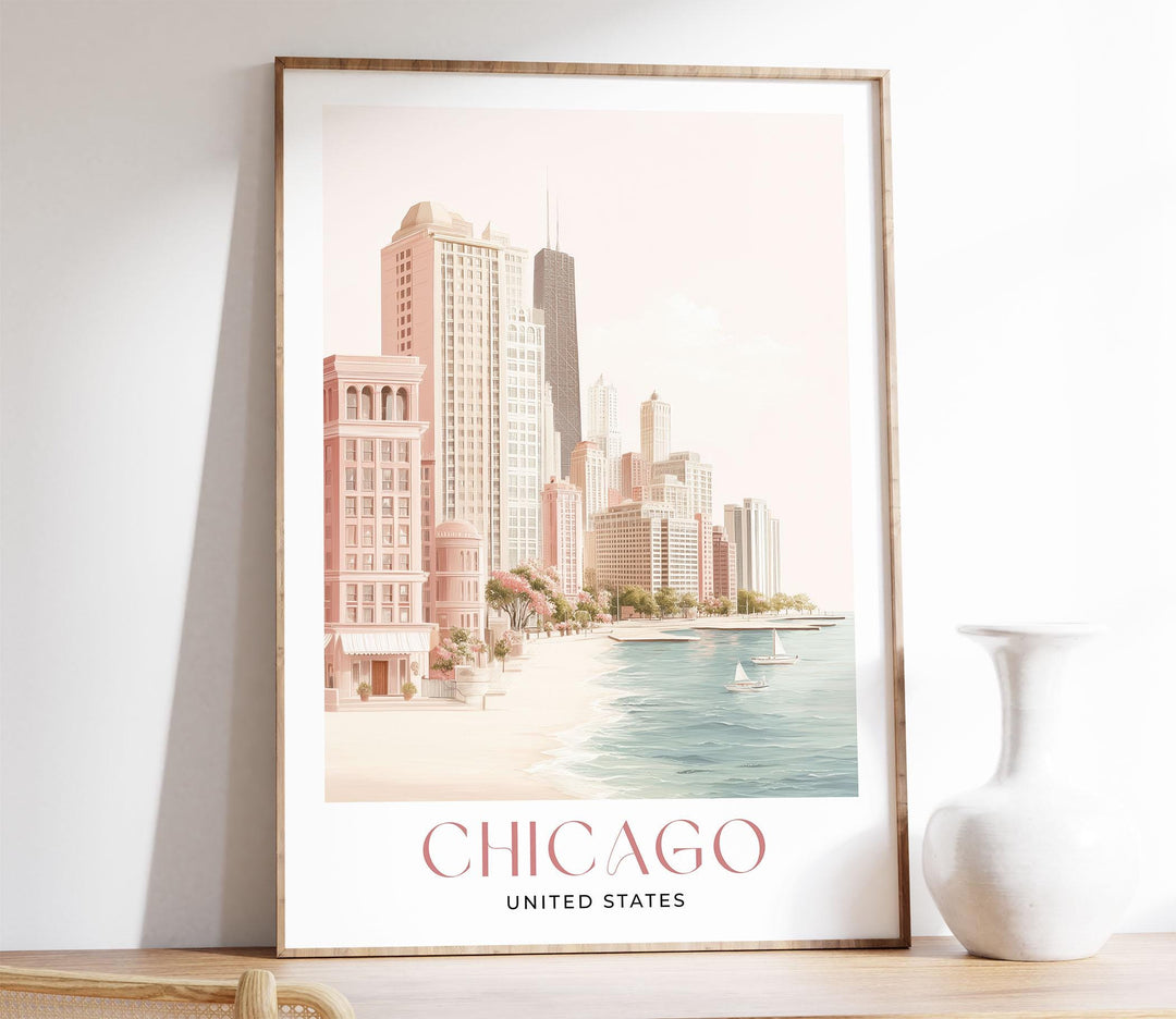 Chicago Travel Art Print, Illinois, United States Watercolour Wall Art, Neutral Lake Michigan Poster, Pink Lakefront Skyscraper Home Decor