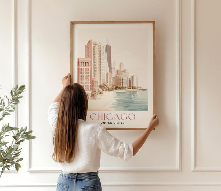 Chicago Travel Art Print, Illinois, United States Watercolour Wall Art, Neutral Lake Michigan Poster, Pink Lakefront Skyscraper Home Decor