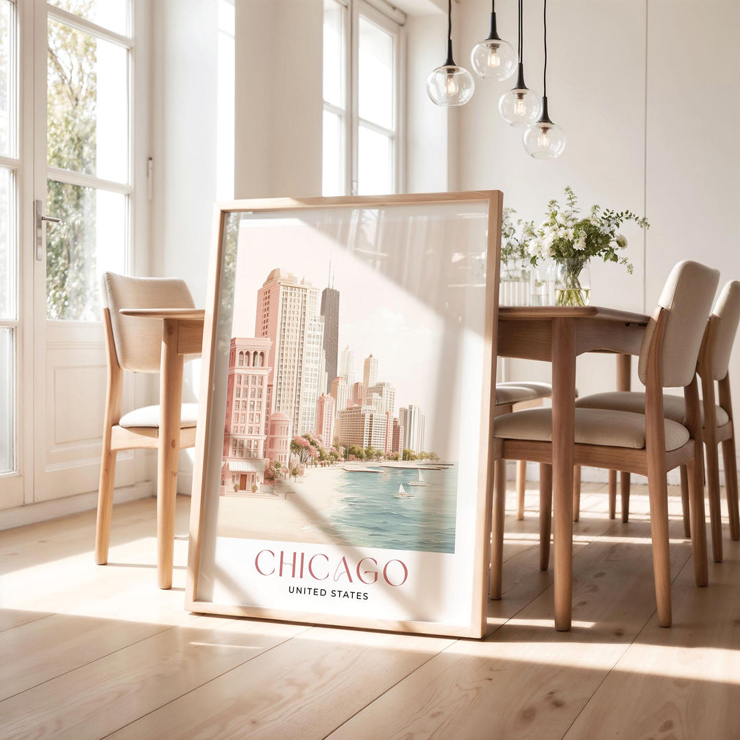 Chicago Travel Art Print, Illinois, United States Watercolour Wall Art, Neutral Lake Michigan Poster, Pink Lakefront Skyscraper Home Decor