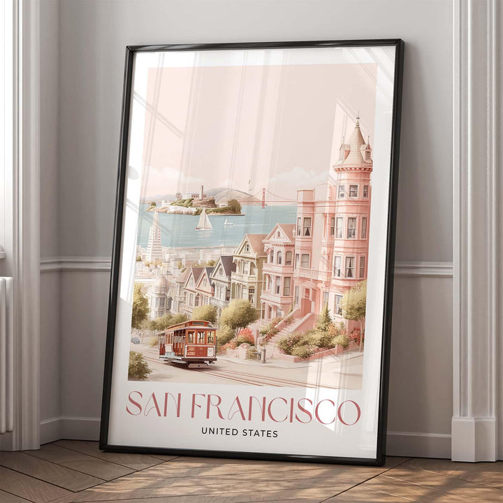 San Francisco Travel Art Print, United States California Watercolour Wall Art, Pastel Alcatraz Island Poster, Pink Cityscape Home Decor